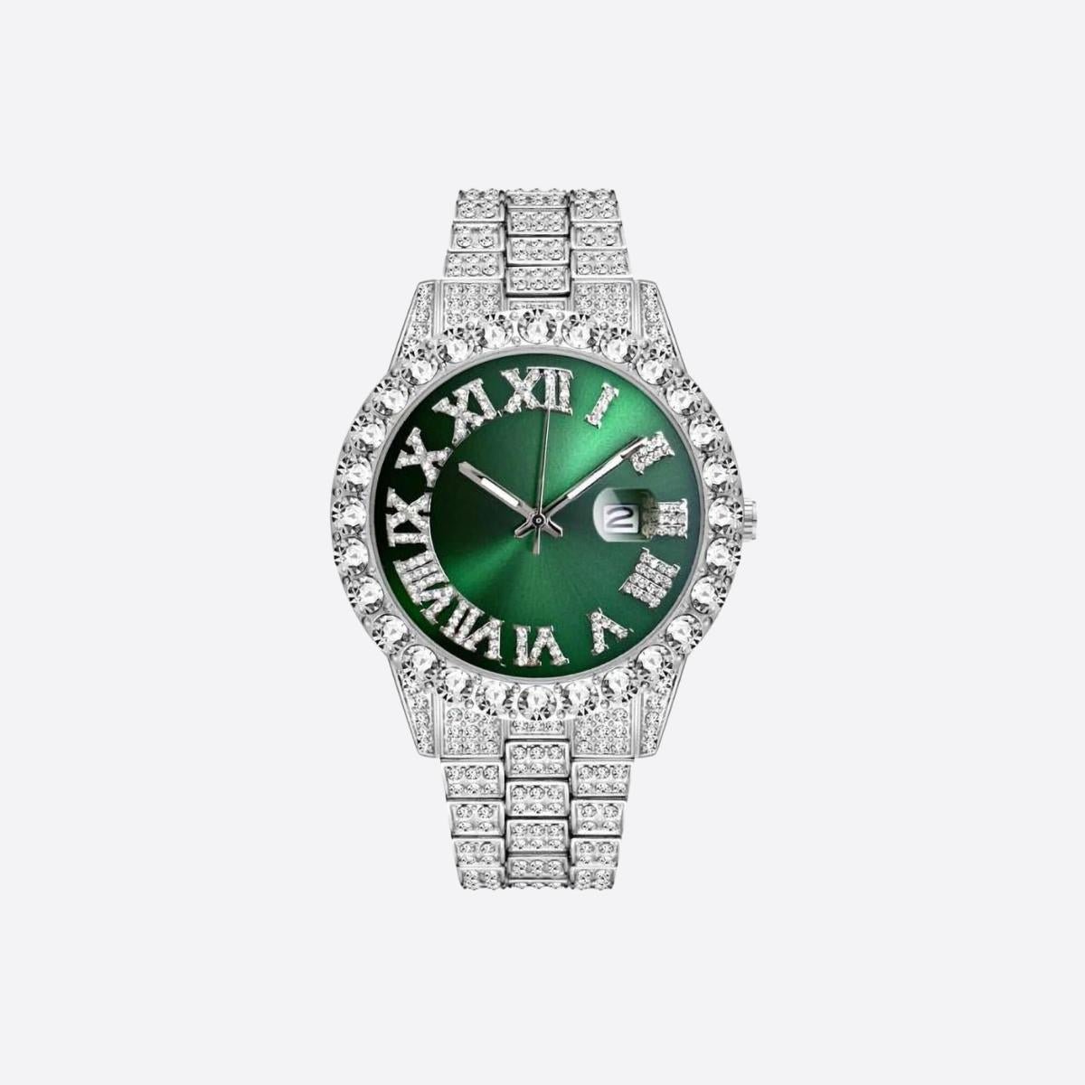 EMERALD NUMERAL DIAL DIAMOND SIMULANT WATCH - SILVER - SANTMEZ®