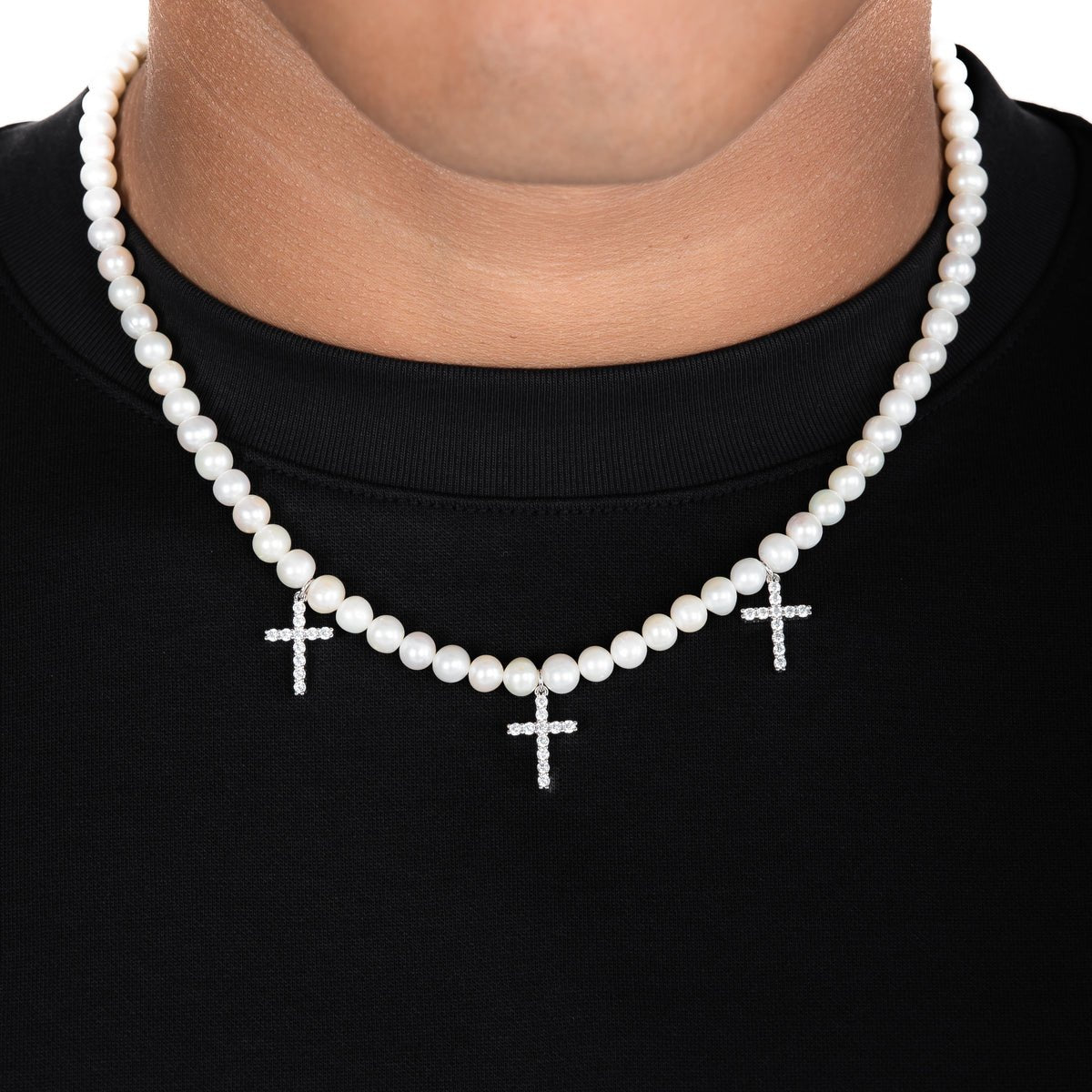 PEARL CHAIN w/ DIAMOND CROSSES - SANTMEZ®